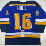 Autographed/Signed Brett Hull St. Louis Blue Yellow Numbers Jersey JSA COA