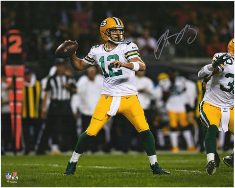 Aaron Rodgers Green Bay Packers Signed 16x20 White Jersey Passing Photograph