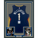 FRAMED Autographed/Signed ZION WILLIAMSON 33x42 New Orleans Blue Jersey PSA COA