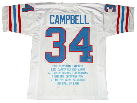 EARL CAMPBELL AUTOGRAPHED SIGNED HOUSTON OILERS #34 STAT JERSEY BAS W/ HOF 91