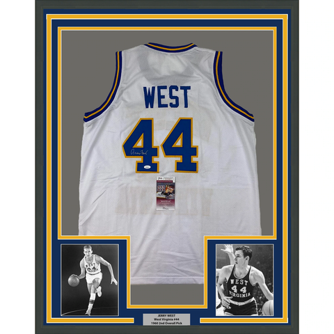 Framed Autographed/Signed Jerry West 33x42 WV White College Jersey JSA COA