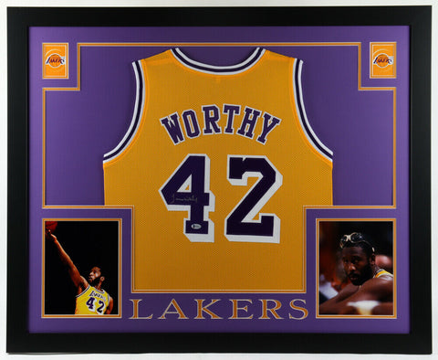 James Worthy Signed Lakers 35" x 43" Framed Jersey (Beckett Holo) 3xNBA Champion