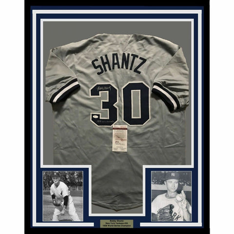 FRAMED Autographed/Signed BOBBY SHANTZ 33x42 New York Baseball Jersey JSA COA