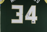 GIANNIS ANTETOKOUNMPO (Bucks green TOWER) Signed Autographed Framed Jersey JSA