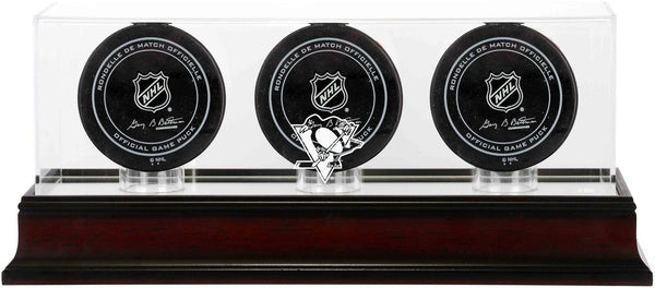 Pittsburgh Penguins Mahogany Three Hockey Puck Logo Display Case