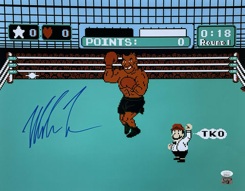 Mike Tyson Signed in Blue 16x20 Boxing Punch Out Photo JSA ITP