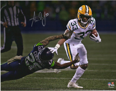 Aaron Jones Green Bay Packers Signed 11" x 14" Stiff Arm White Jersey Photo