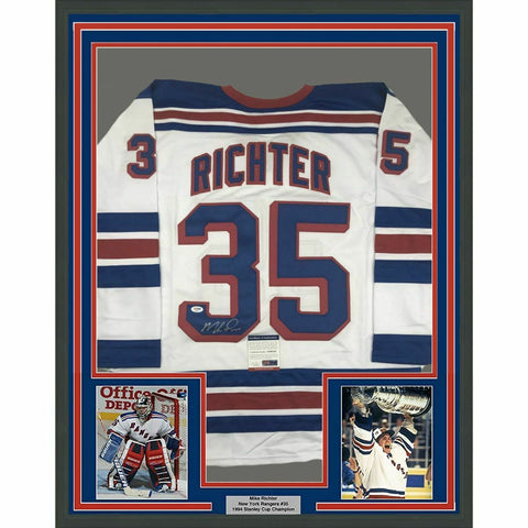 FRAMED Autographed/Signed MIKE RICHTER 33x42 New York White Jersey PSA/DNA COA