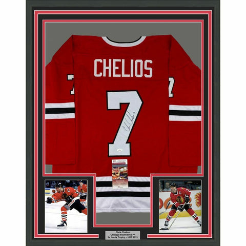 FRAMED Autographed/Signed CHRIS CHELIOS 33x42 Chicago Red Jersey JSA COA Auto