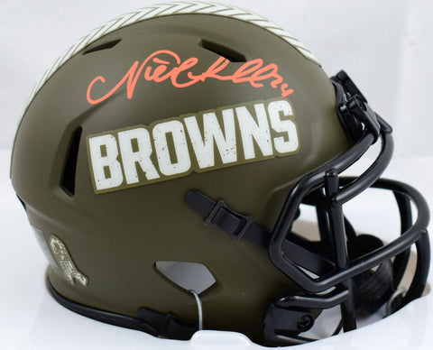 Nick Chubb Signed Browns Salute to Service Speed Mini Helmet- Beckett W Hologram