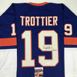 Autographed/Signed BRYAN TROTTIER HOF 97 New York Blue Hockey Jersey JSA COA