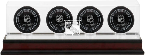 New York Rangers Mahogany Four Hockey Puck Logo Display Case