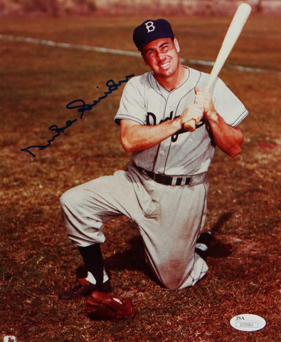 Duke Snider Signed Dodgers 8x10 Kneeling Holding Bat Up Photo- JSA Auth *Blue