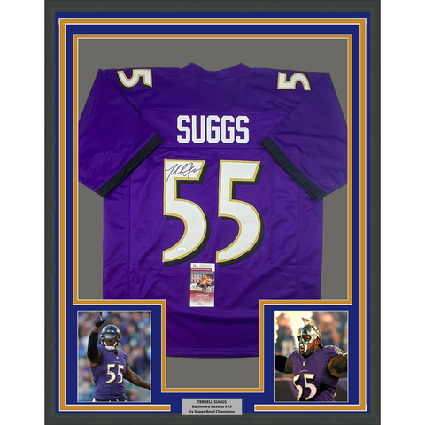 Framed Autographed/Signed Terrell Suggs 33x42 Baltimore Purple Jersey JSA COA