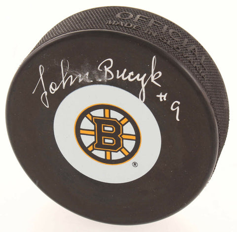 John Bucyk Signed Bruins Logo Hockey Puck (JSA COA) 556 NHL Goals (1955-1978)