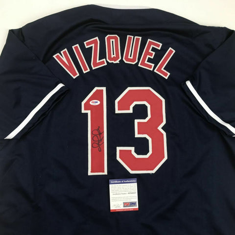 Autographed/Signed OMAR VIZQUEL Cleveland Blue Baseball Jersey PSA/DNA COA Auto