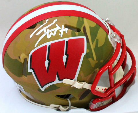 TJ Watt Signed Wisconsin Badgers Camo Speed Mini Helmet- Beckett W Holo *White