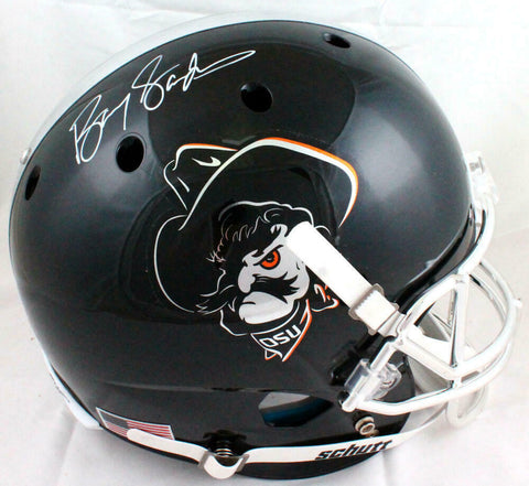 Barry Sanders Autographed Oklahoma State F/S Schutt Black Helmet-Beckett Holo