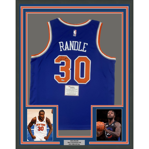 FRAMED Autographed JULIUS RANDLE 33x42 New York Knicks Jersey Fanatics COA #2