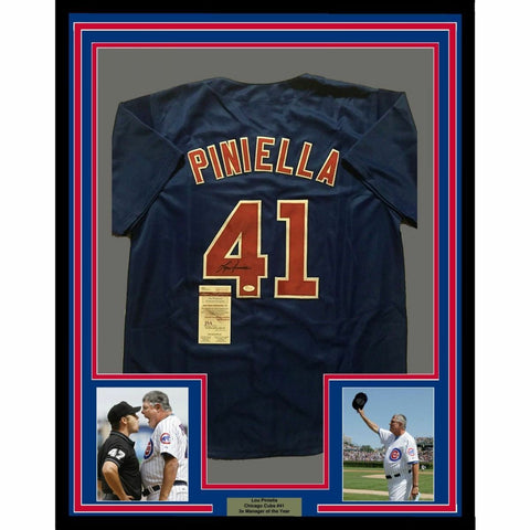 FRAMED Autographed/Signed LOU PINIELLA 33x42 Chicago Blue Jersey JSA COA