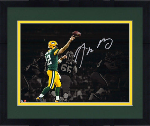 FRMD Aaron Rodgers Green Bay Packers Signed 11"x14" Spotlight Green Throw Photo