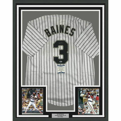 FRAMED Autographed/Signed HAROLD BAINES 33x42 Chicago Pinstripe Jersey BAS COA
