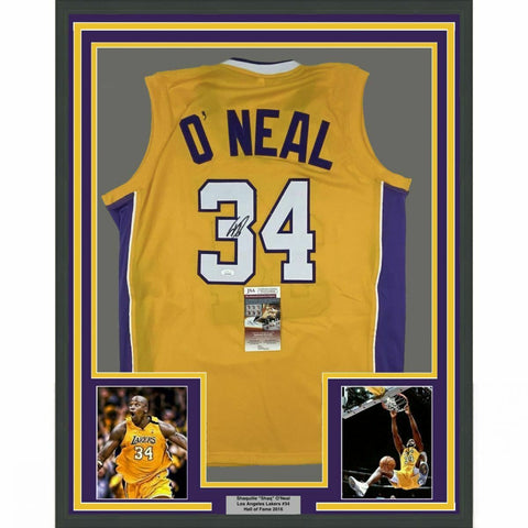 FRAMED Autographed/Signed SHAQUILLE SHAQ O'NEAL 33x42 LA Yellow Jersey JSA COA