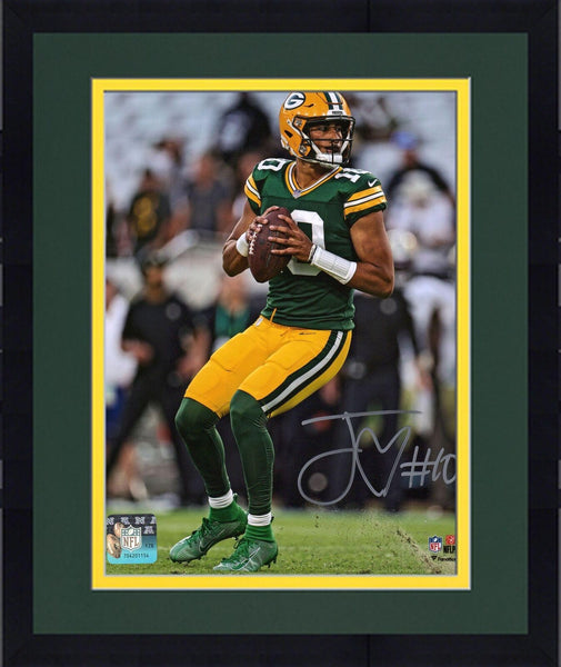 Framed Jordan Love Green Bay Packers Signed 8x10 Vertical Dropback Photograph