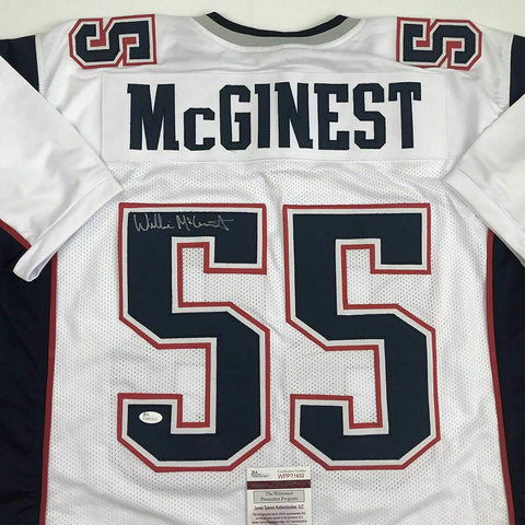 Autographed/Signed WILLIE MCGINEST New England White Football Jersey JSA COA