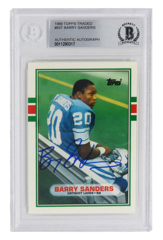 BARRY SANDERS Autographed Detroit Lions 1989 Topps Rookie Card #83T -BECKETT