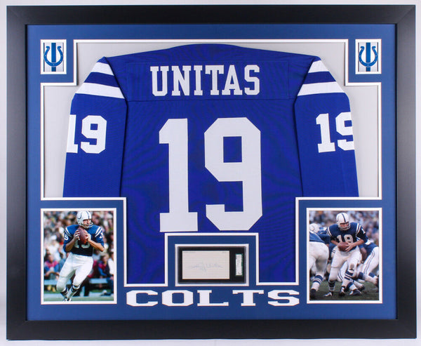 Johnny Unitas Signed Colts 35x43 Custom Framed Display with Jersey & Signed Cut