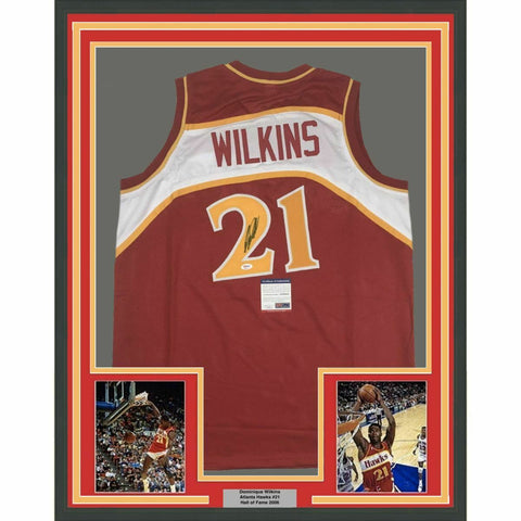 FRAMED Autographed/Signed DOMINIQUE WILKINS 33x42 Atlanta Red Jersey PSA/DNA COA