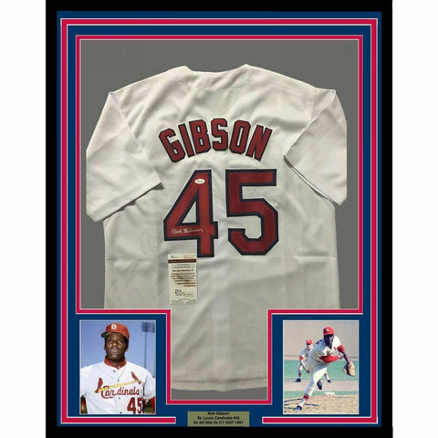 FRAMED Autographed/Signed BOB GIBSON 33x42 St. Louis White Jersey JSA COA Auto