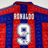 Autographed/Signed Ronaldo Nazario FC Barcelona Red/Blue Jersey Beckett BAS COA