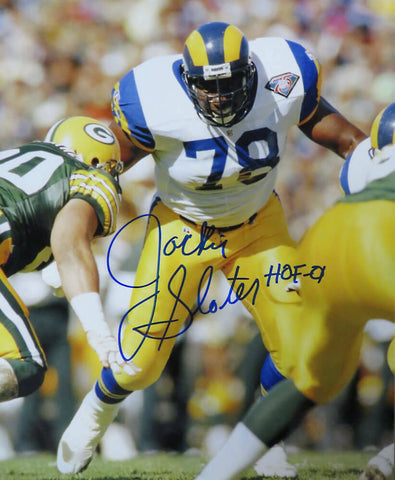 Jackie Slater Signed Rams Action vs Packers 8x10 Photo w/HOF'01 - SS COA