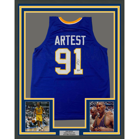 Framed Autographed/Signed Ron Artest Metta World Peace 33x42 Blue Jersey BAS COA