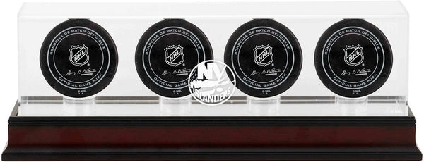 New York Islanders Mahogany Four Hockey Puck Logo Display Case