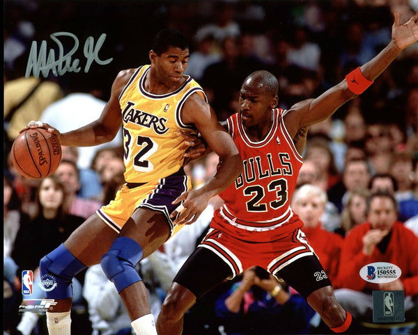 Lakers Magic Johnson Signed 8X10 Photo w/ Michael Jordan BAS Witnessed 3
