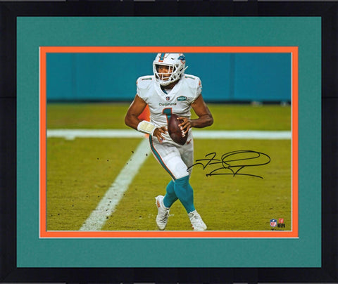 Framed Tua Tagovailoa Dolphins Signed 8x10 White Jersey Rolling Out Photo