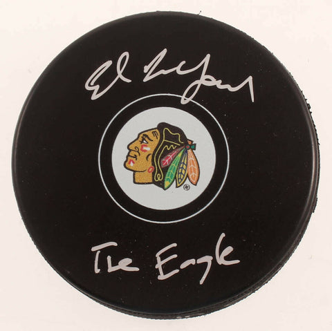 Ed Belfour Signed Blackhawks Logo Hockey Puck Inscribed "The Eagle" Schwartz COA