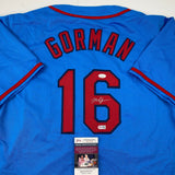 Autographed/Signed Nolan Gorman St. Louis Blue Baseball Jersey JSA COA
