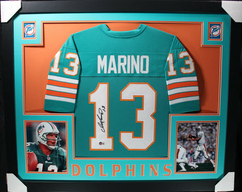 Dan Marino Autographed/Signed Pro Style Framed Teal XL Jersey Beckett 35348