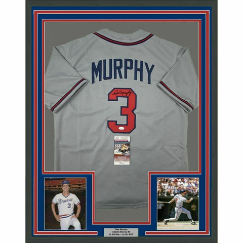 FRAMED Autographed/Signed DALE MURPHY 33x42 Atlanta Grey Baseball Jersey JSA COA