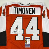 Autographed/Signed KIMMO TIMONEN Philadelphia Orange Hockey Jersey JSA COA Auto