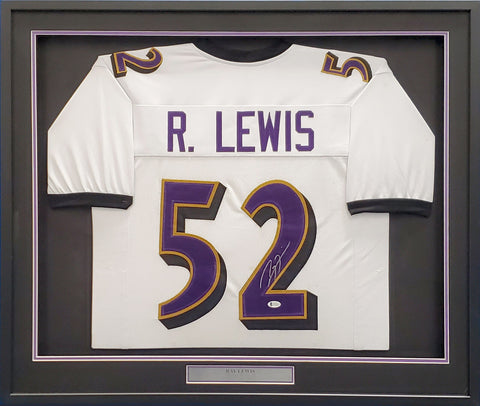 RAVENS RAY LEWIS AUTOGRAPHED SIGNED WHITE CUSTOM FRAMED JERSEY BECKETT 185767