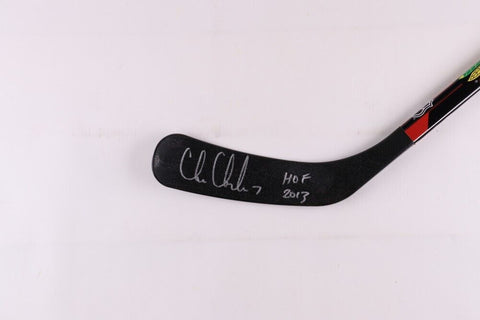 Chris Chelios Signed Franklin Blackhawks Logo Hockey Stick Inscribed "HOF 2013"