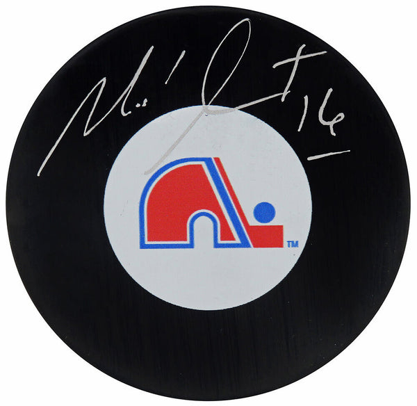 Michel Goulet Signed Quebec Nordiques Team Logo Hockey Puck - (SCHWARTZ COA)