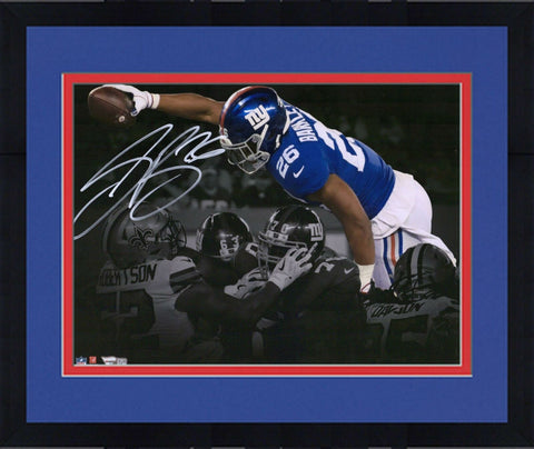 Framed Saquon Barkley New York Giants Signed 11x14 Reaching Spotlight Photo