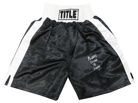 Michael Nunn Signed Title Black With White Trim Boxing Trunks w/Insc - (SS COA)