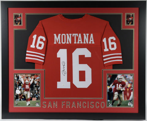 Joe Montana Signed San Francisco 49ers 35x43 Custom Framed Jersey (JSA COA) Q.B.